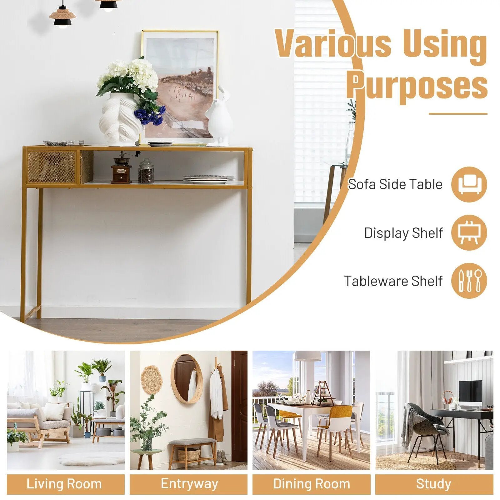 Faux Marble Console Table with Wire Baske for Hallway and Living Room-White by DirectDeals