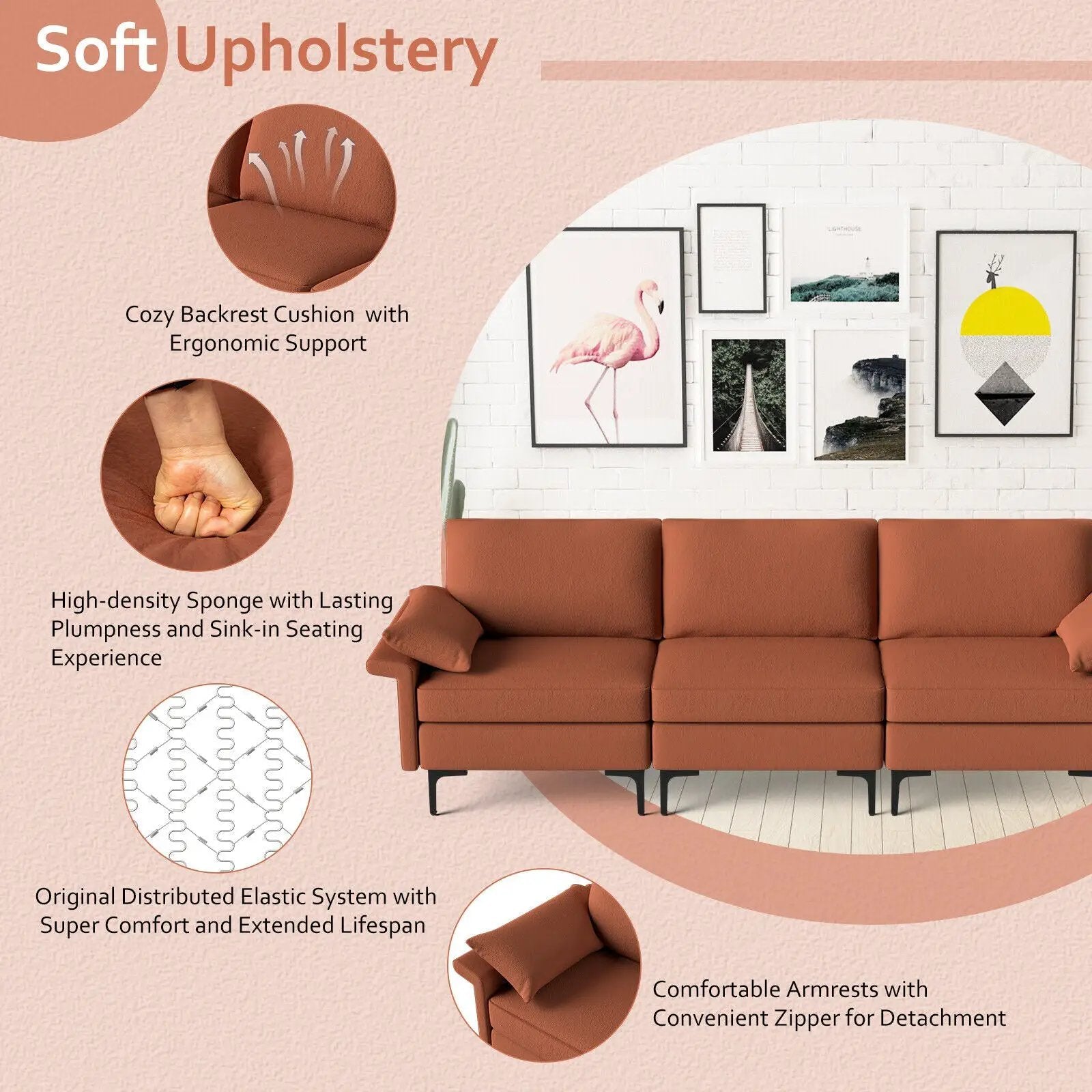 Large 3-Seat Sofa Sectional with Metal Legs for 3-4 people by DirectDeals