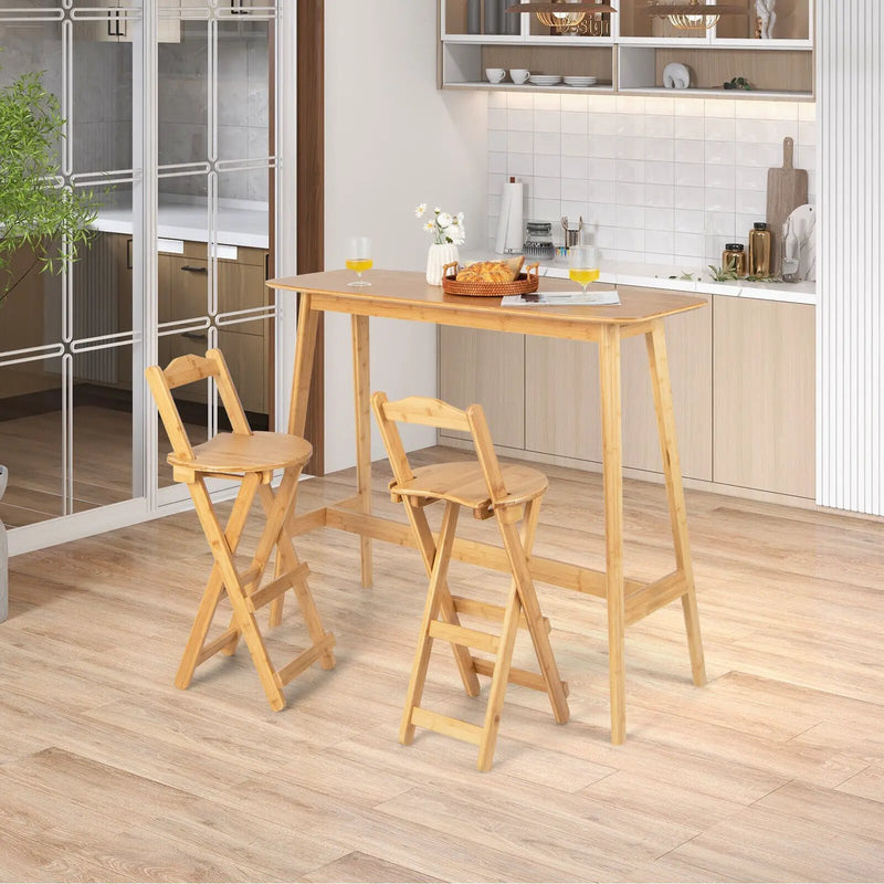 24 Inch Set of 2 Bamboo Folding Barstools with Footrests and Handles-Natural by DirectDeals