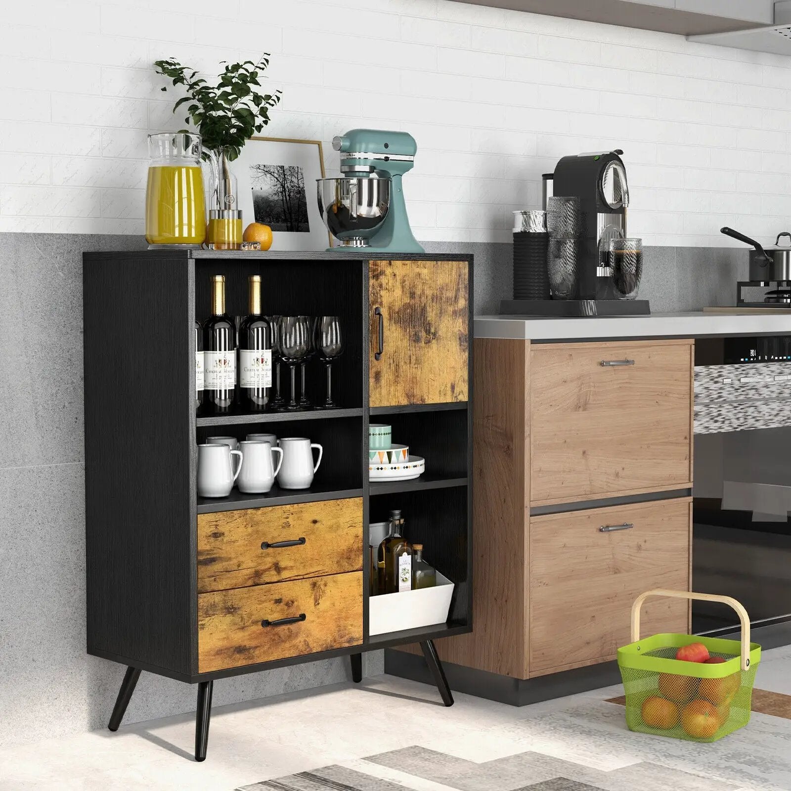 Industrial Buffet Sideboard Kitchen Cupboard with Cubbies Drawers-Rustic Brown by DirectDeals