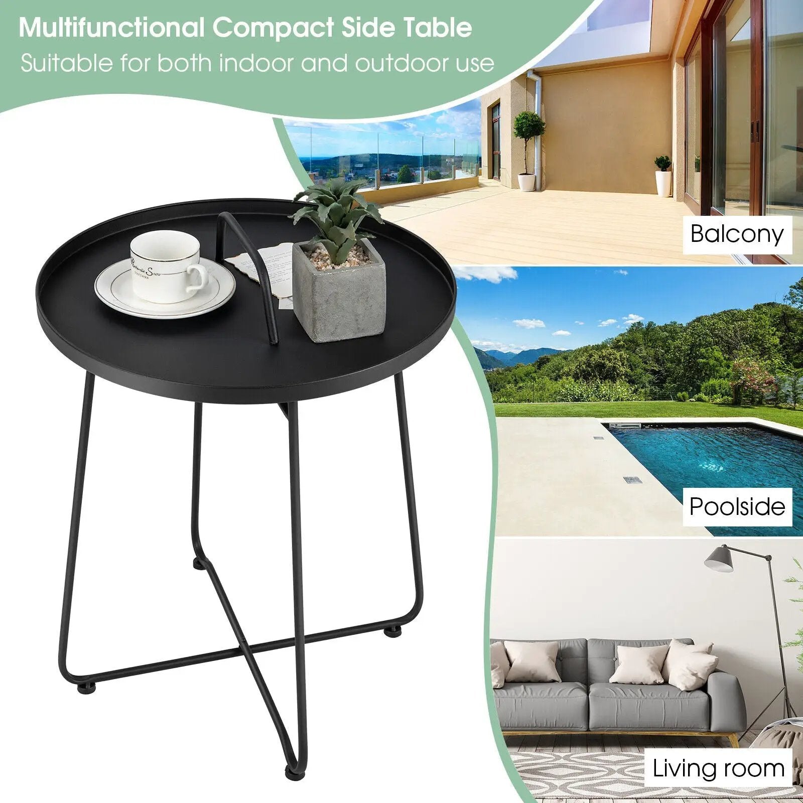 Outdoor Metal Patio End Side Table Weather Resistant with Handle by DirectDeals