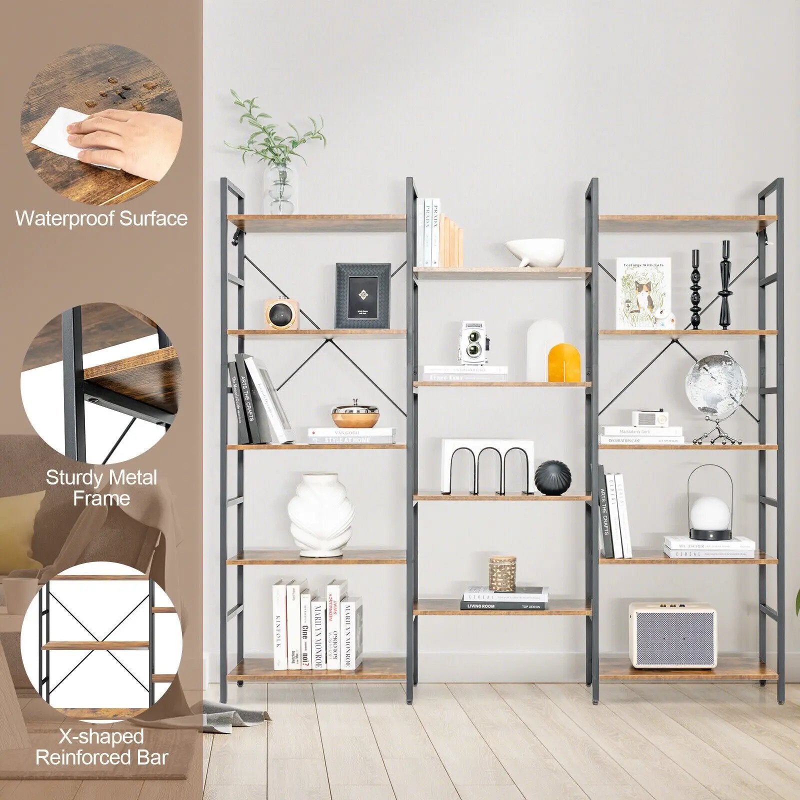Large Triple Wide Floor Standing Bookcase Display Shelf with Metal Frame-Rustic Brown by DirectDeals