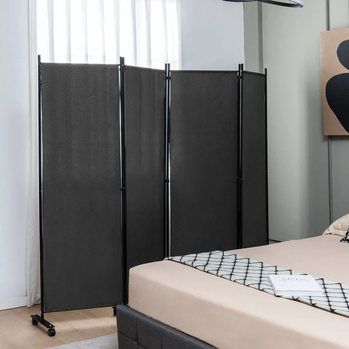 4-Panel Folding Room Divider 6 Feet Rolling Privacy Screen with Lockable Wheels by DirectDeals