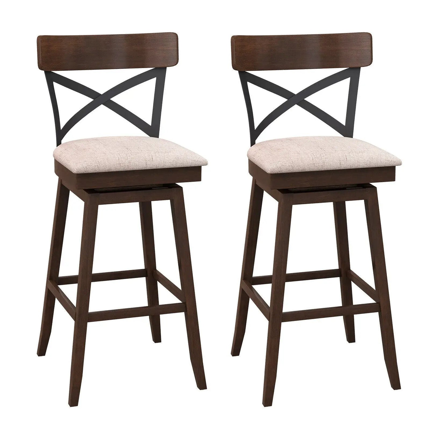 Set of 2 Wooden Swivel Bar Stools with Cushioned Seat and Open X Back by DirectDeals