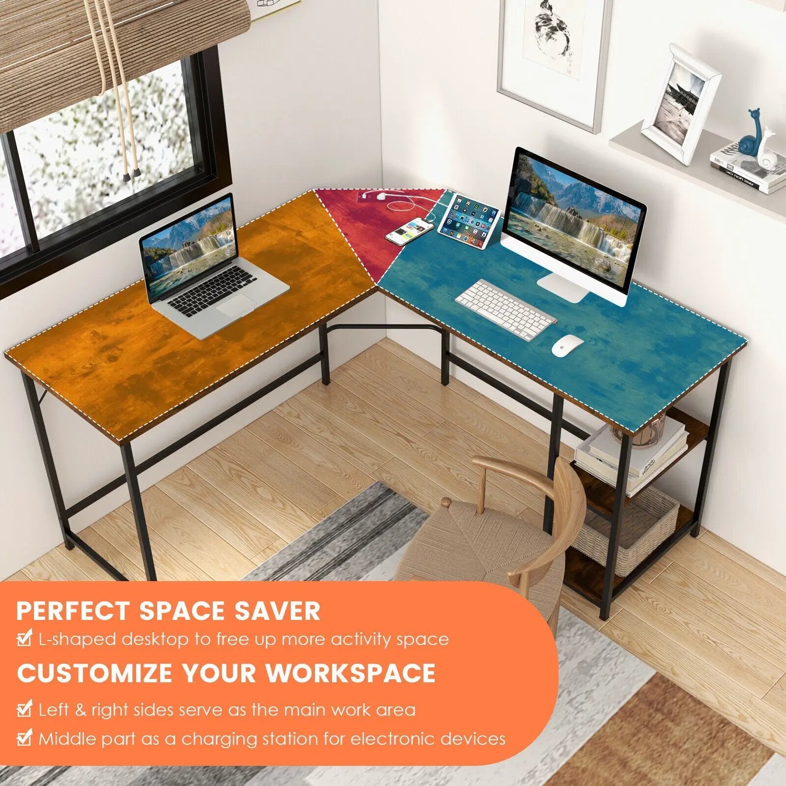 L Shaped Computer Desk with 2 Outlets and 2 USB Ports-Brown by DirectDeals