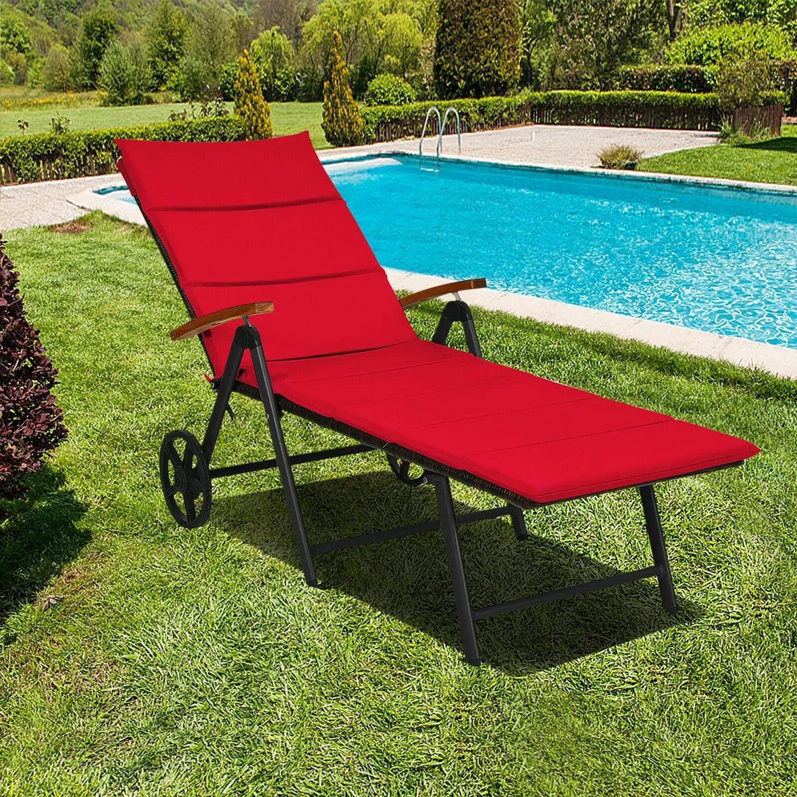 Folding Patio Rattan Lounge Chair with Wheels-Red by DirectDeals