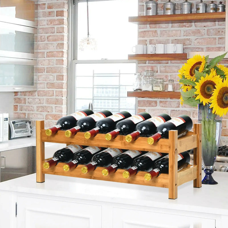 2-Tier 12 Bottles Bamboo Storage Shelf Wine Rack by DirectDeals