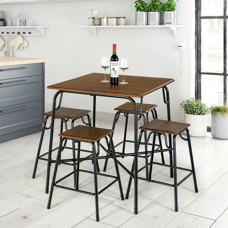 5 Pieces Bar Table Set with 4 Counter Height Backless Stools-Rustic Brown by DirectDeals