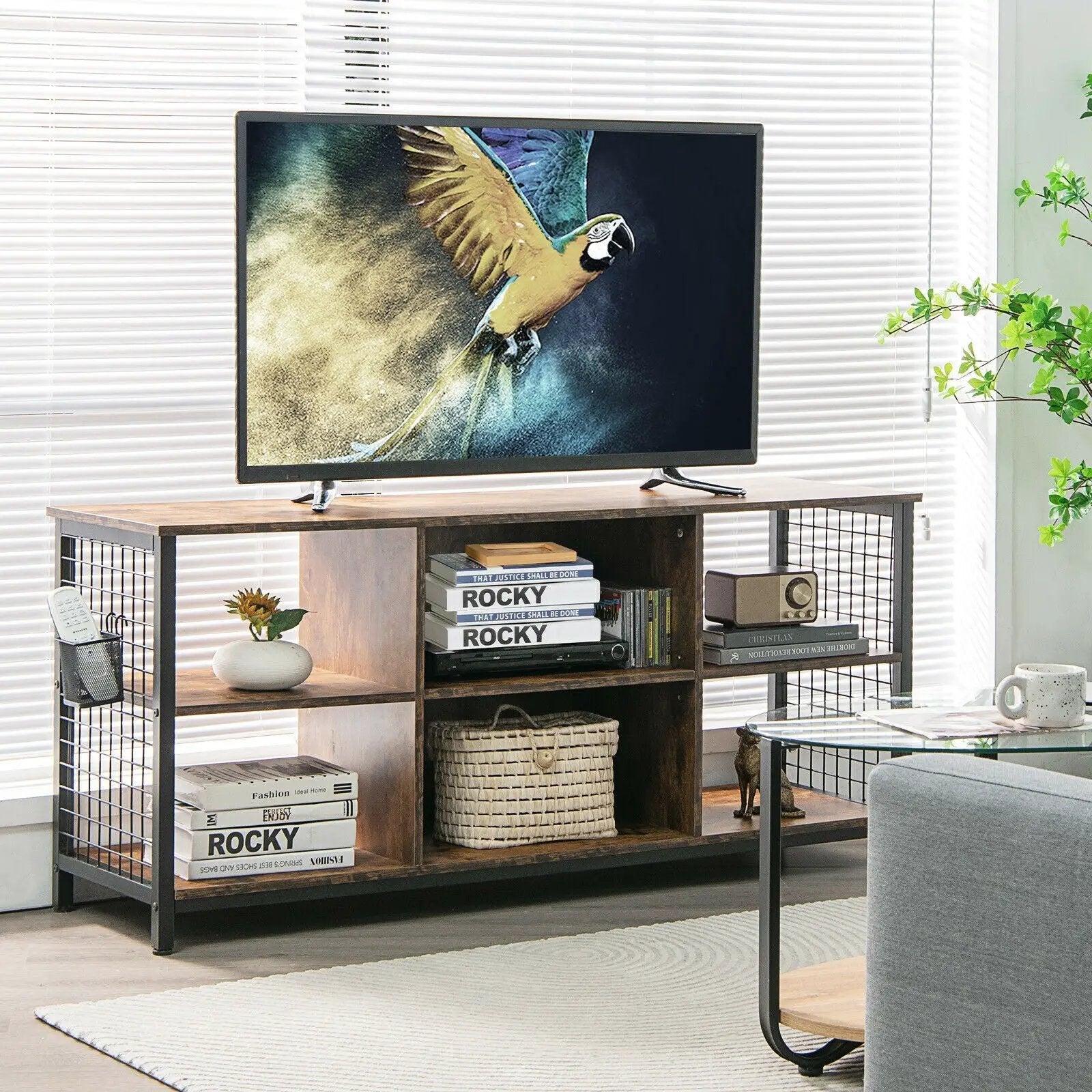 Mid-Century Wooden TV Stand with Storage Basket for TVs up to 65 Inch-Rustic Brown by DirectDeals