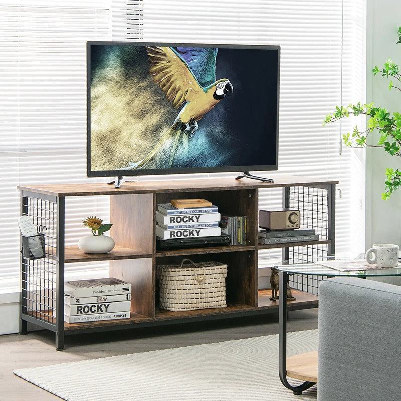 Mid-Century Wooden TV Stand with Storage Basket for TVs up to 65 Inch-Rustic Brown by DirectDeals