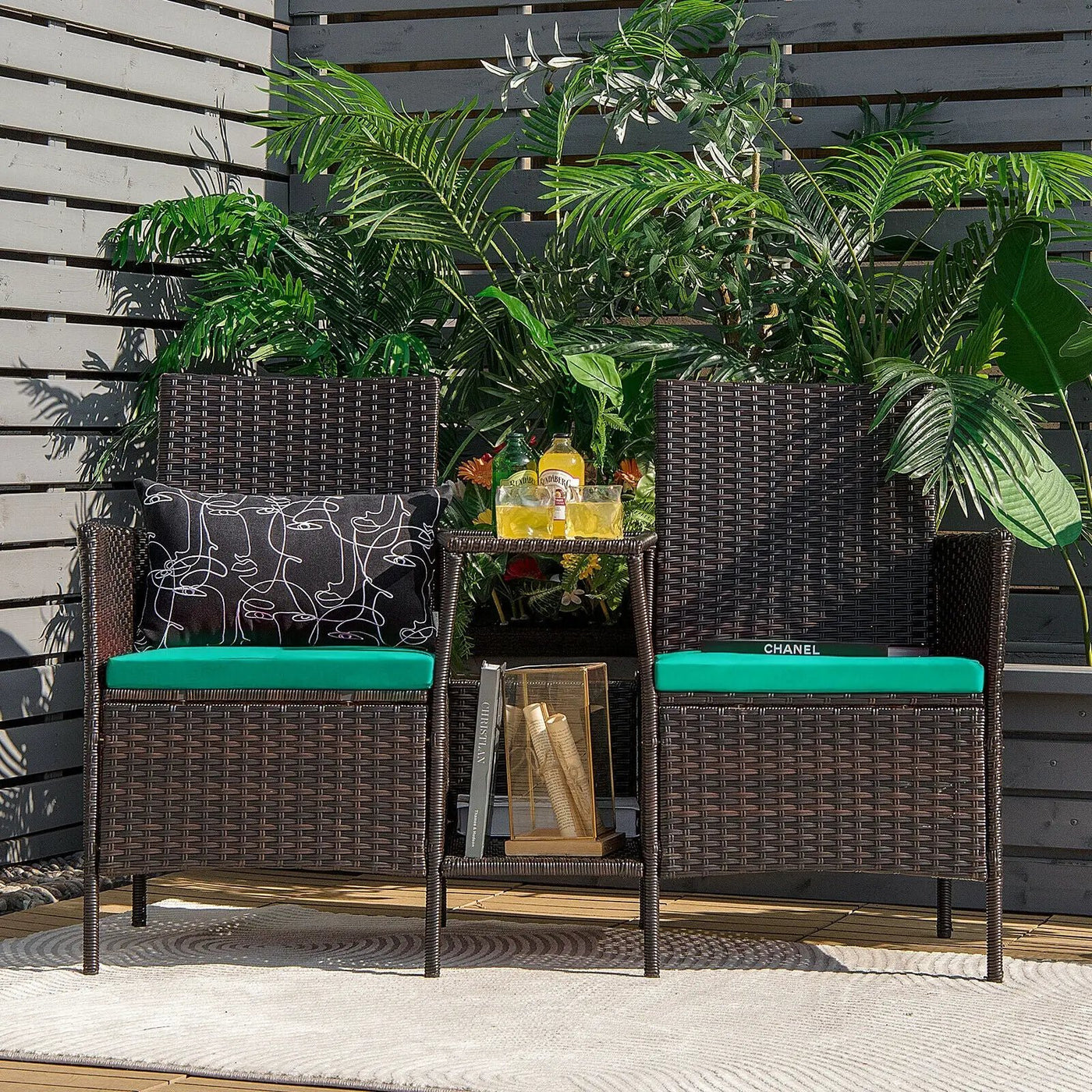 Patio Rattan Wicker Conversation Set Sofa Cushioned Loveseat Glass Table by DirectDeals