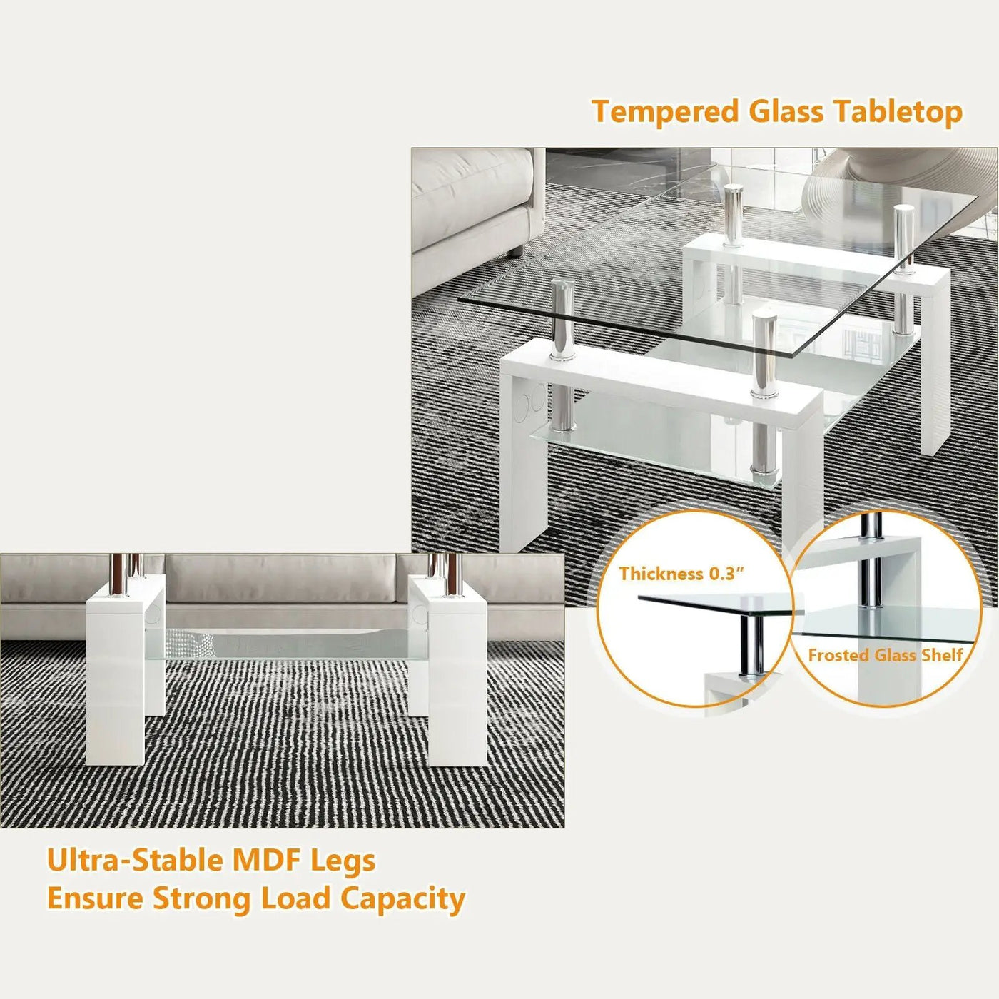 Rectangular Tempered Glass Coffee Table with Shelf by DirectDeals