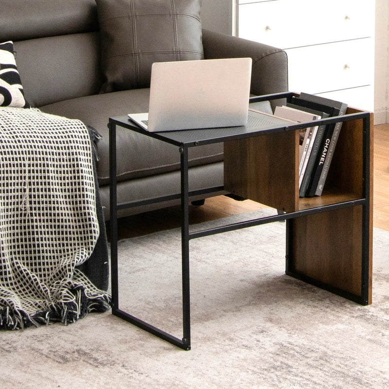 2-Tier C-Shaped Reversible End Table with Wooden Shelf for Living Room-Brown by DirectDeals