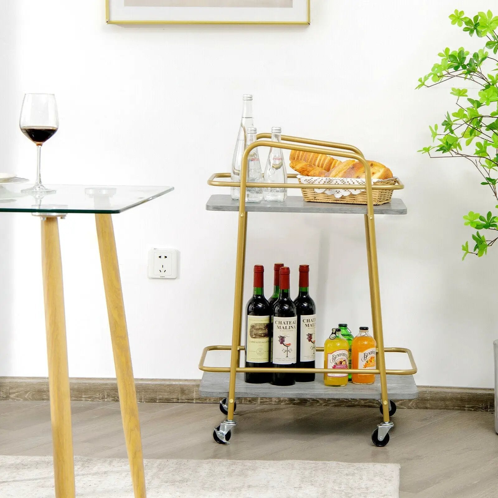 2-tier Kitchen Rolling Cart with Steel Frame and Lockable Casters-Gray by DirectDeals