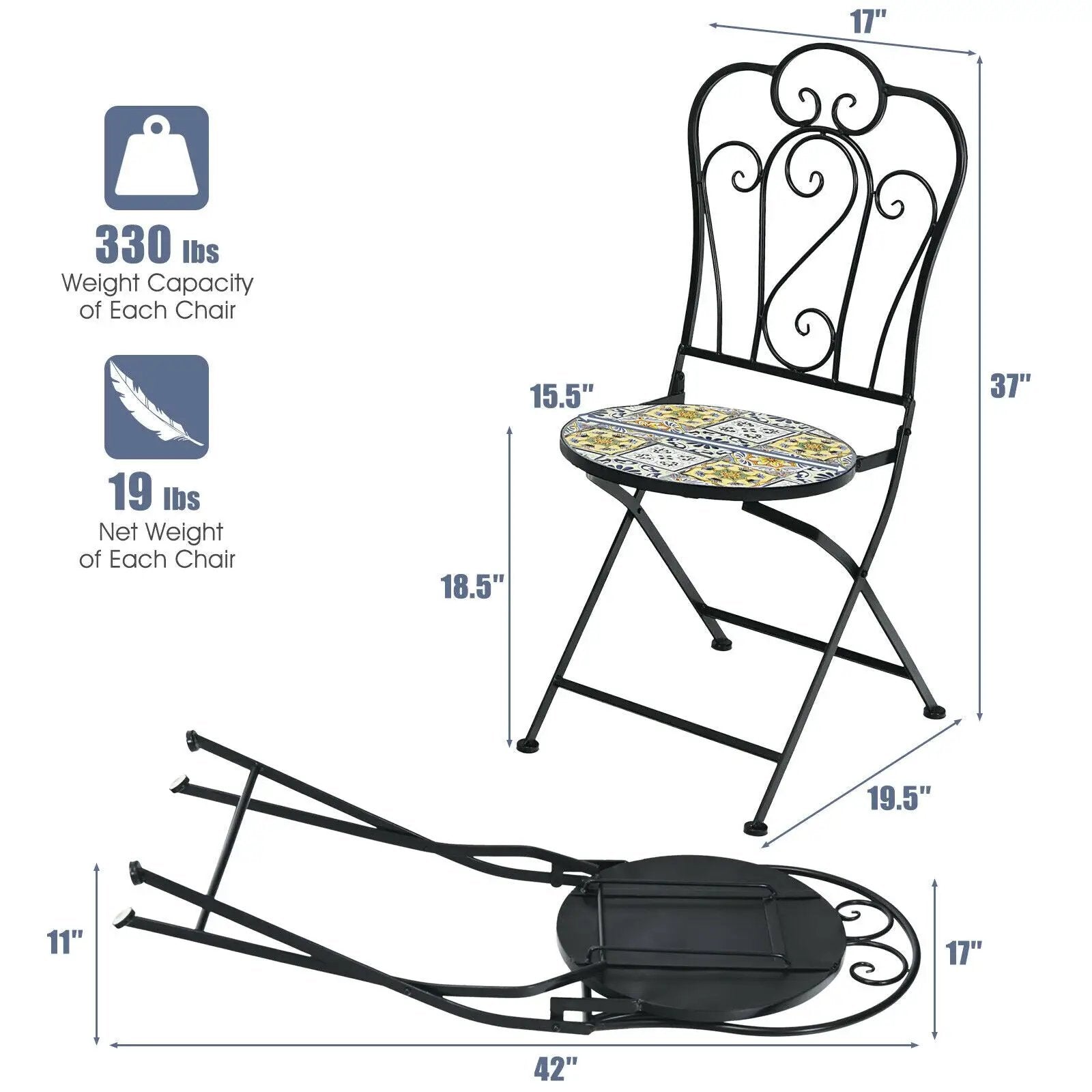 2-Pieces Mosaic Folding Bistro Chairs with Ceramic Tiles Seat by DirectDeals