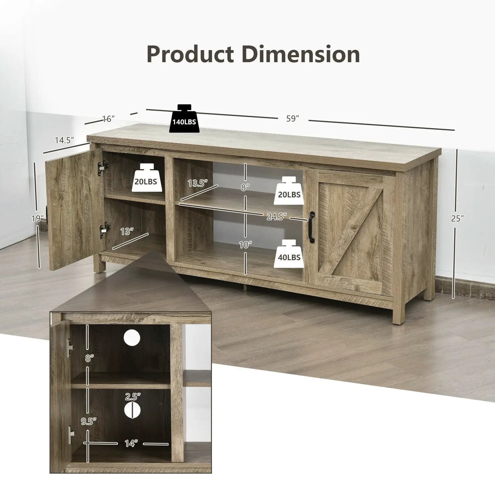 59 Inches TV Stand Media Console Center with Storage Cabinet-Natural by DirectDeals