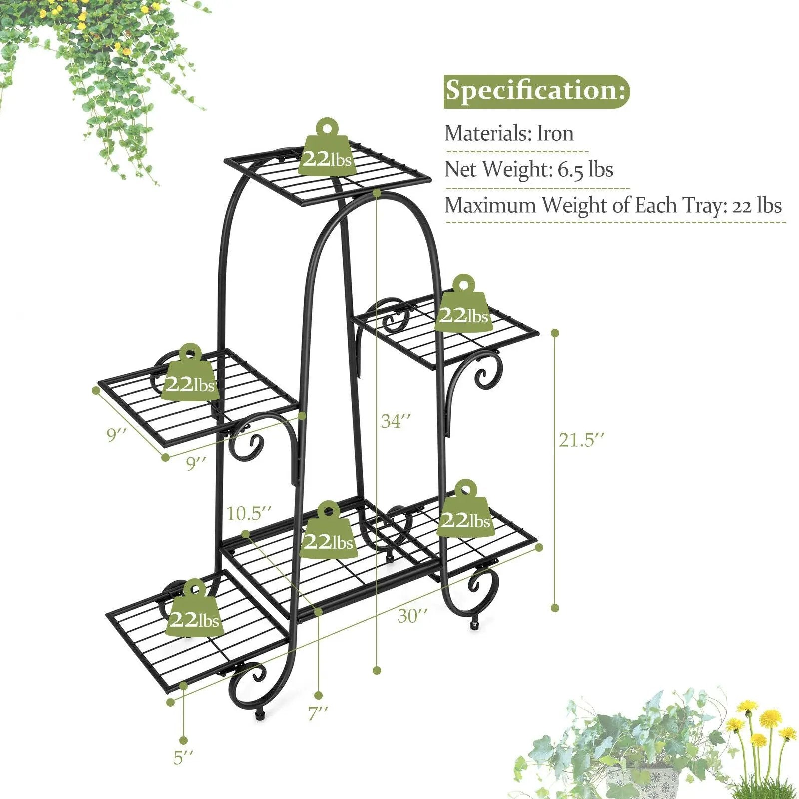 6-Tier Plant Stand with Adjustable Foot Pads-Black by DirectDeals