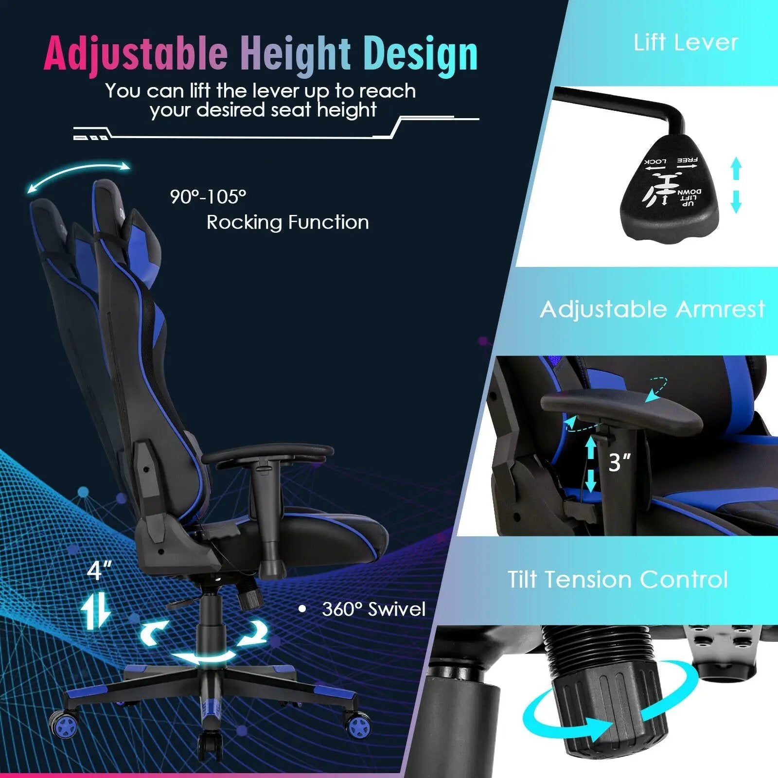 Gaming Chair Adjustable Swivel Computer Chair with Dynamic LED Lights by DirectDeals