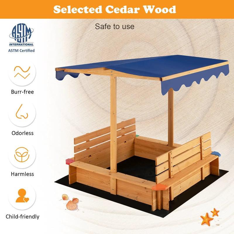 Kids Wooden Sandbox with Canopy and 2 Bench Seats by DirectDeals