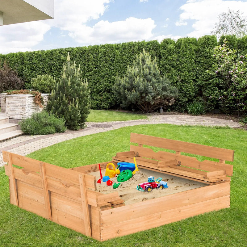 Kids Wooden Sandbox with 2 Foldable Bench Seats by DirectDeals