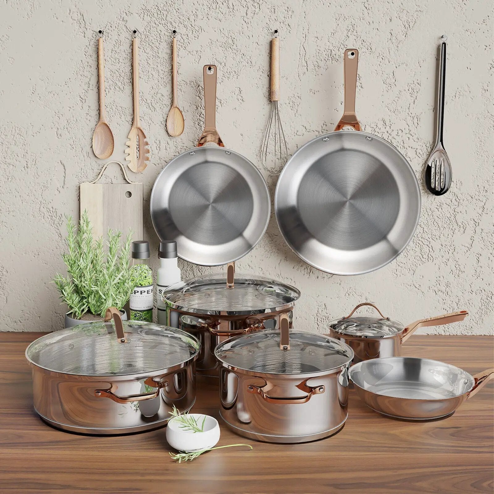 11 Pieces Stainless Steel Kitchen Cookware Set with Gold Stay-Cool Handles by DirectDeals