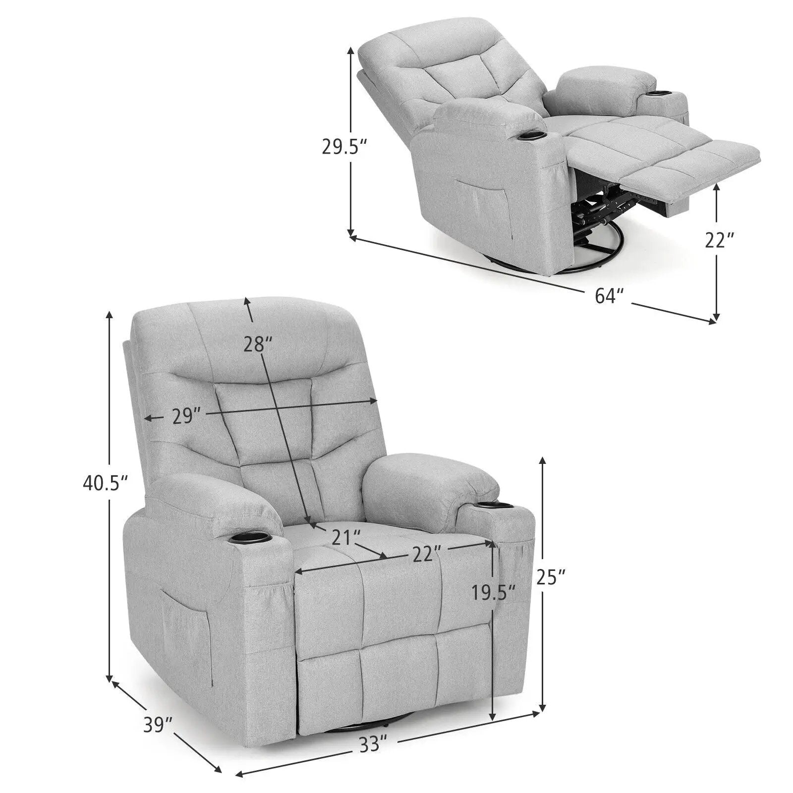 Massage Rocking Recliner Chair with Heat and Vibration-Gray by DirectDeals