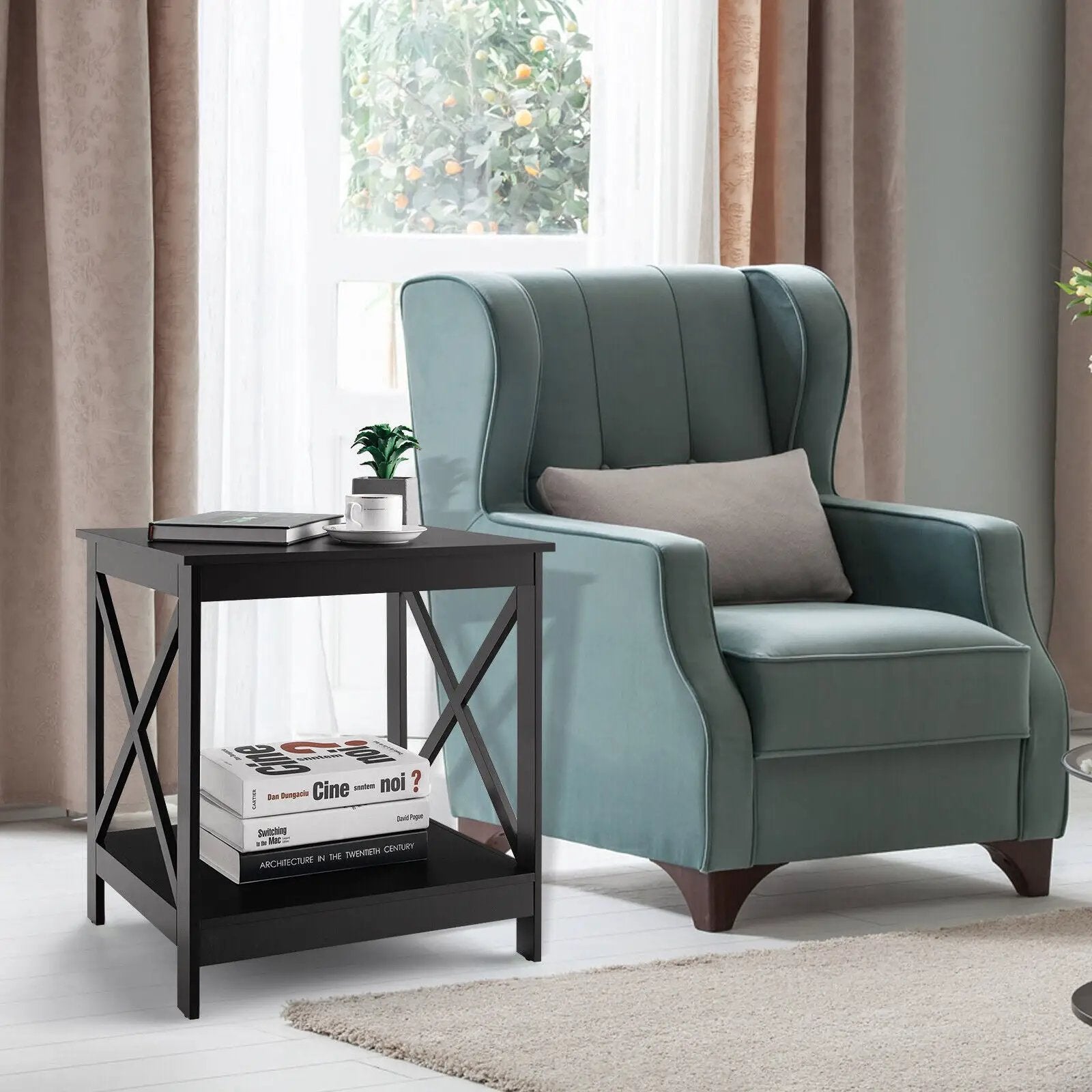 2-Tier Side Table with X-shape Design and 4 Solid Legs by DirectDeals