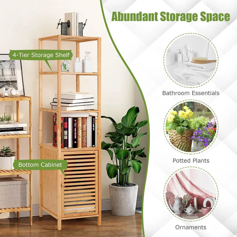 4 Tiers Slim Bamboo Floor Storage Cabinet with Shutter Door and Anti-Toppling Device-Natural by DirectDeals