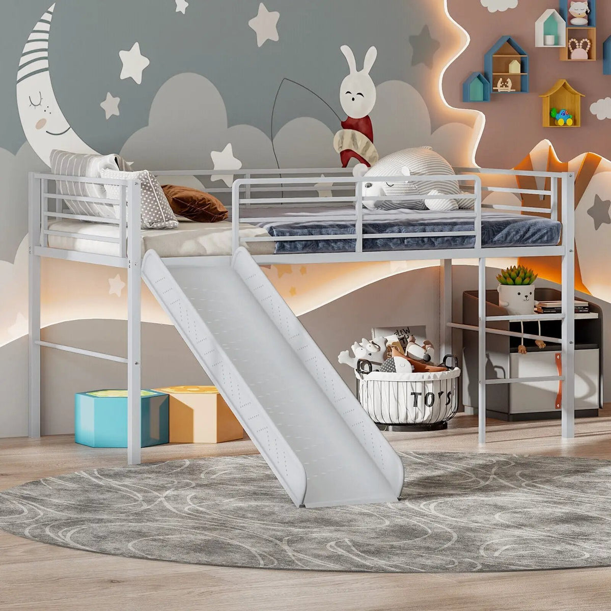 Twin Metal Loft Bed with Slide Safety Guardrails and Built-in Ladder by DirectDeals
