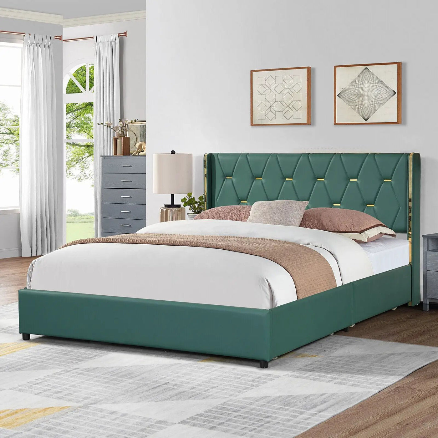 Full/Queen Size Upholstered Bed Frame with 4 Drawers-Green by DirectDeals