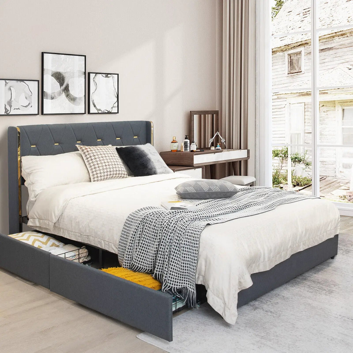 Full/Queen Size Upholstered Bed Frame with 4 Storage Drawers by DirectDeals