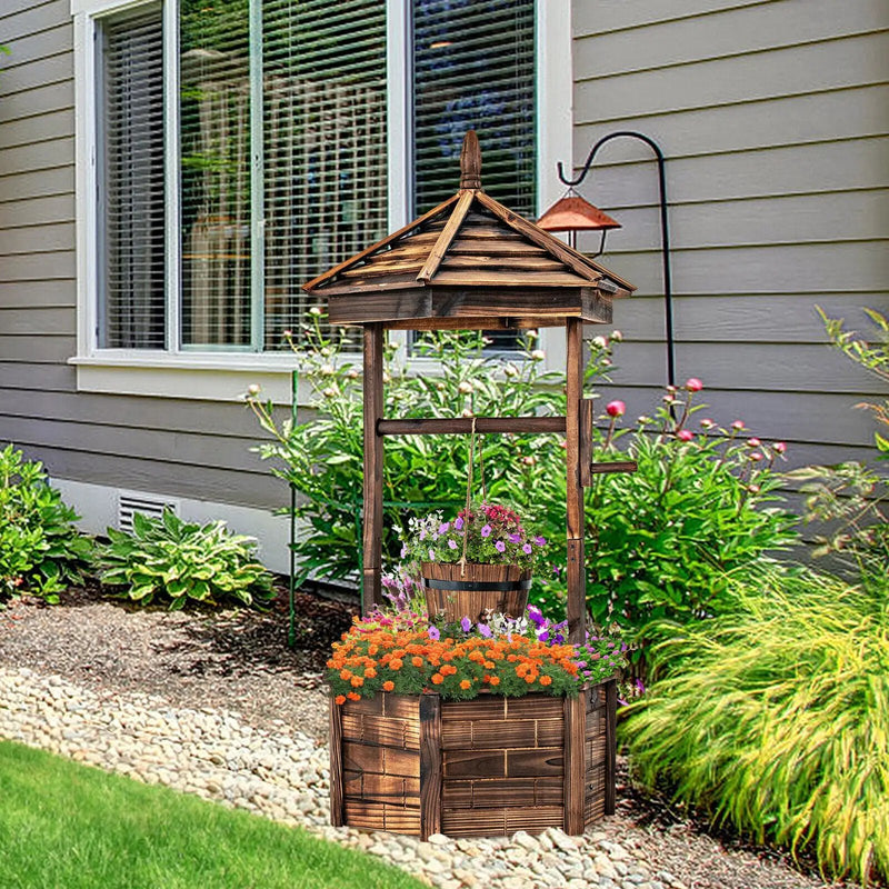 Rustic Wooden Wishing Well with Adjustable Hanging Bucket-Brown by DirectDeals