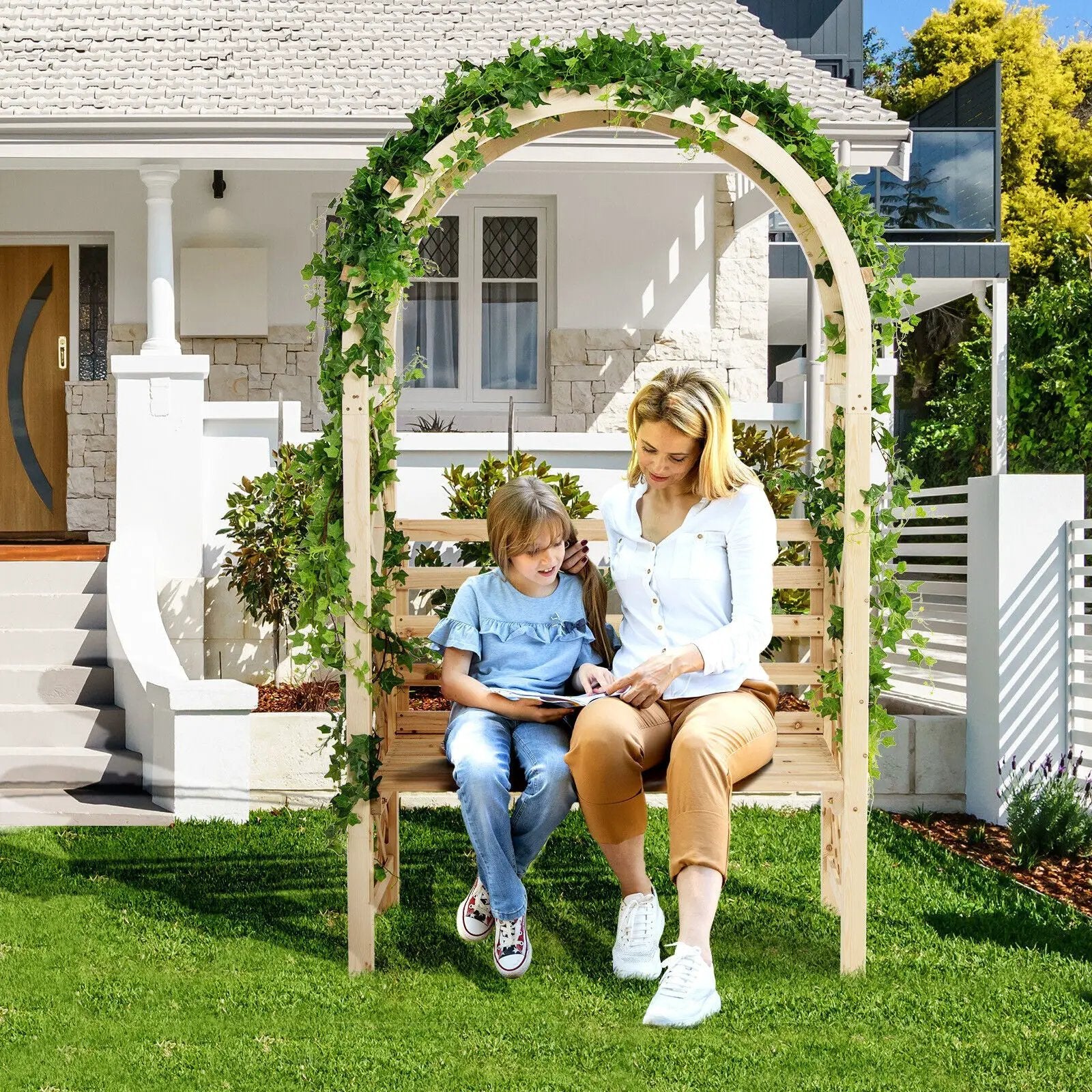 Wooden Garden Bench Arch Pergola Outdoor Arbor by DirectDeals