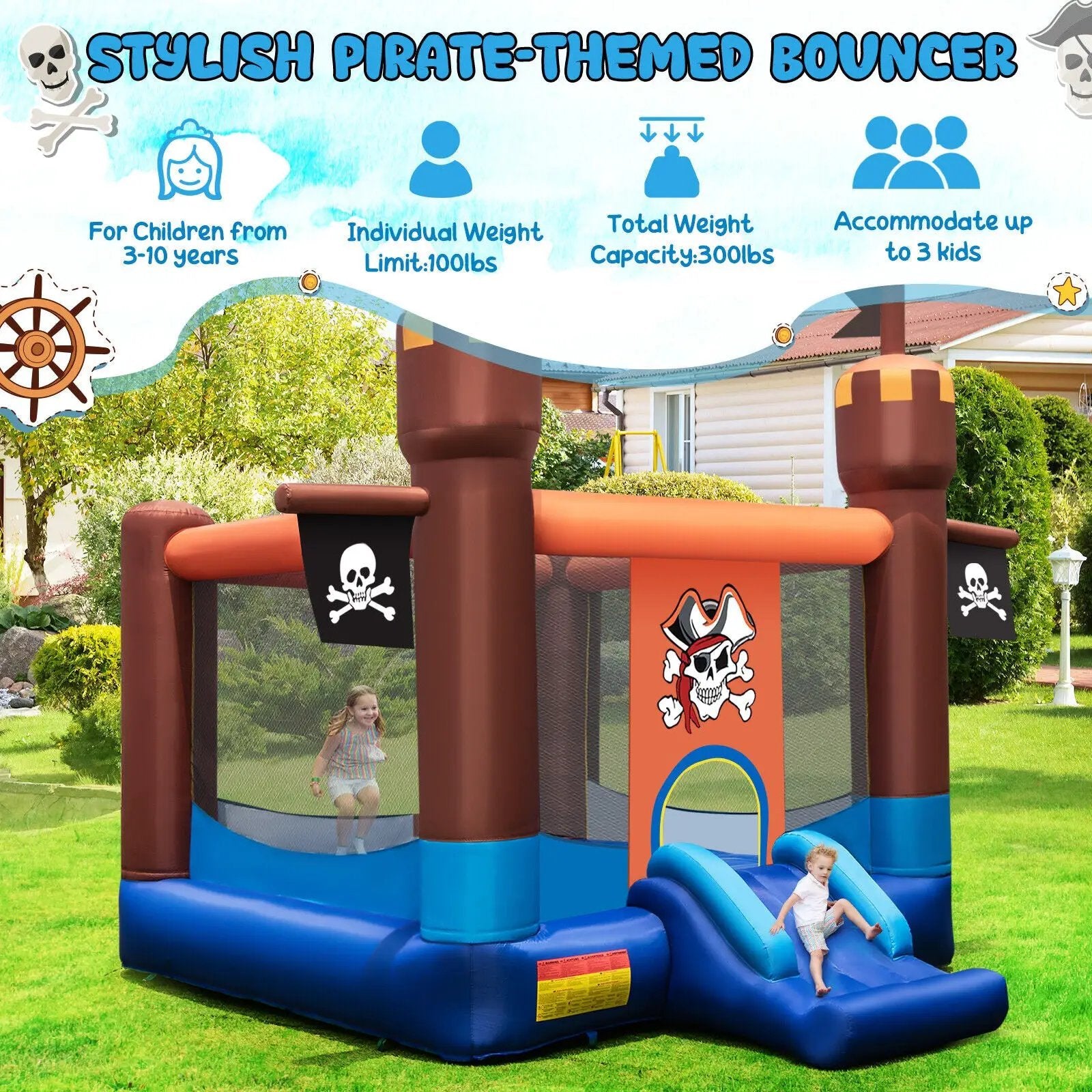 Pirate-Themed Inflatable Bounce Castle with Large Jumping Area and 735W Blower by DirectDeals