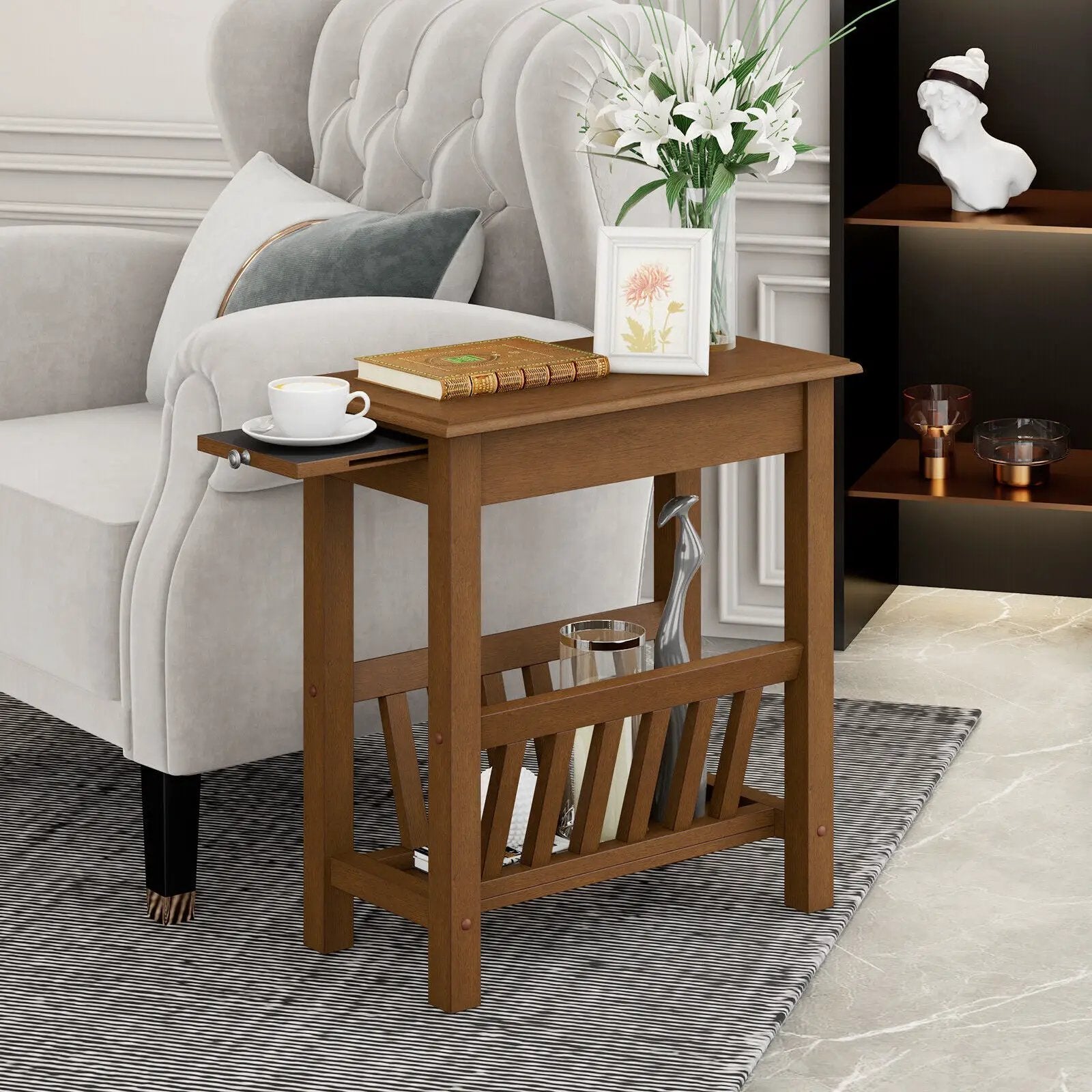 2-Tier End Table with Pull-out Tray and Solid Rubber Wood Legs by DirectDeals