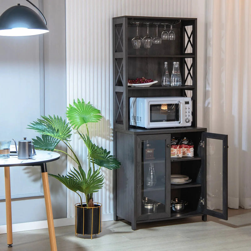 Tall Freestanding Bar Cabinet Buffet with Glass Holder and Adjustable Shelf-Gray by DirectDeals