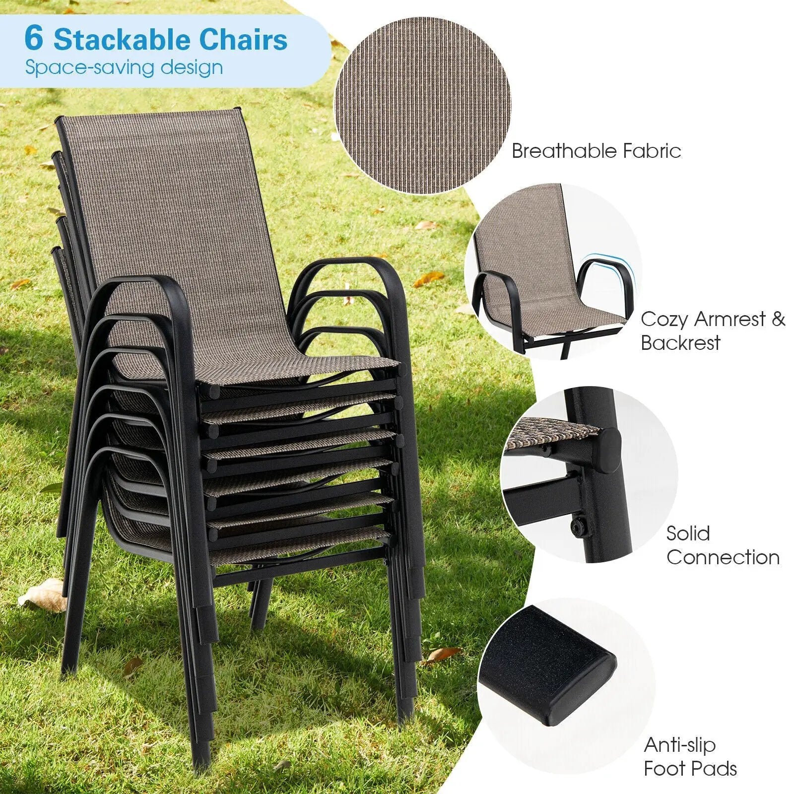 6 Pieces Patio Stackable Dining Chairs with Curved Armrests and Breathable Fabric by DirectDeals