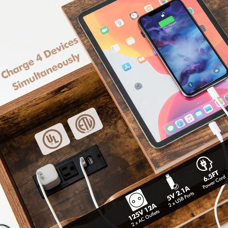 Lift Top End Table with Charging Station and Universal Wheels-Rustic Brown by DirectDeals
