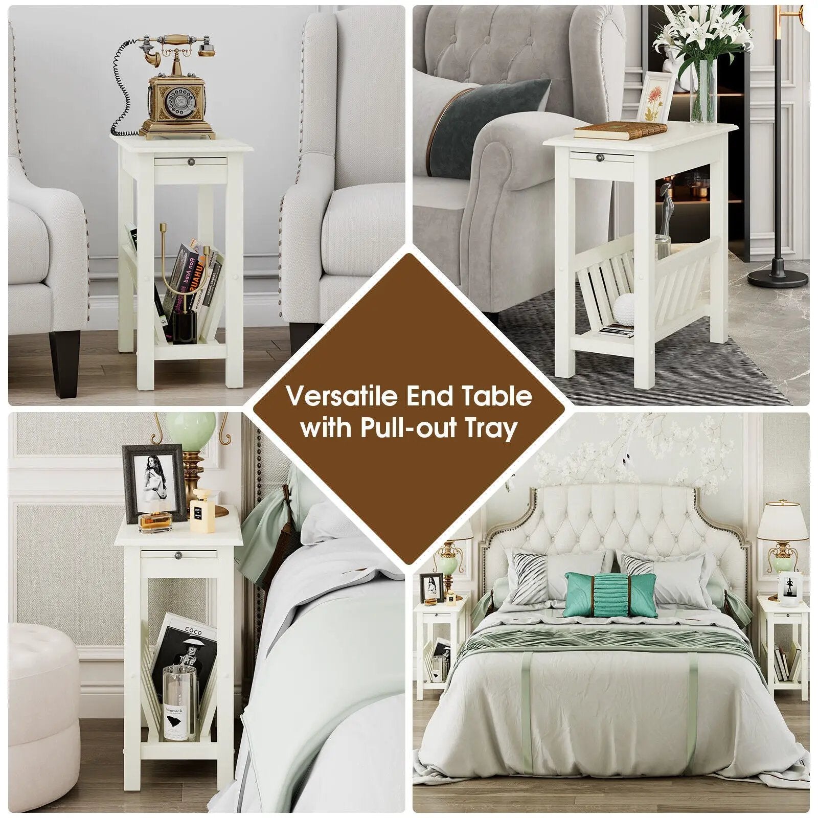 2-Tier End Table with Pull-out Tray and Solid Rubber Wood Legs by DirectDeals