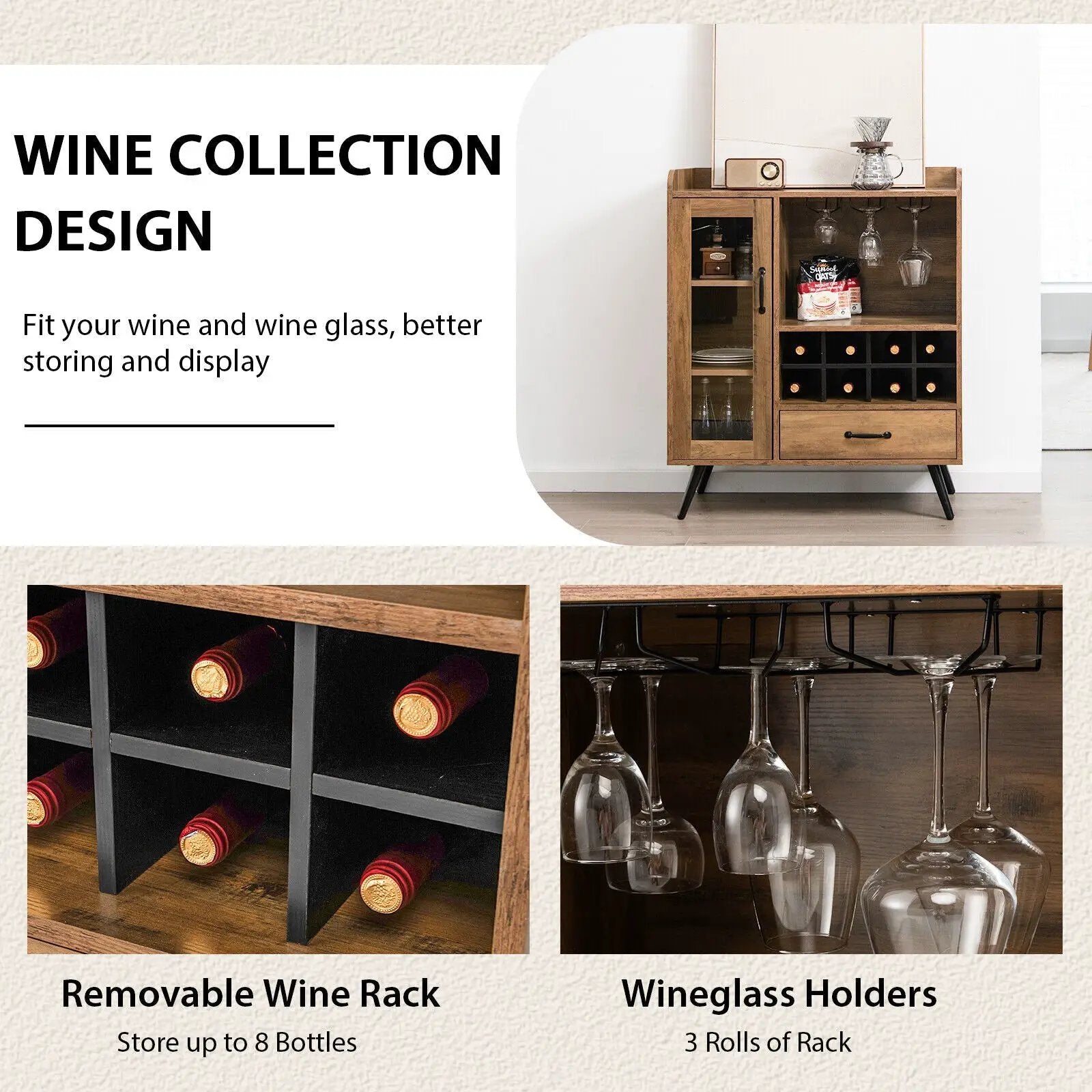 Buffet Sideboard with Removable Wine Rack and Glass Holder-Rustic Brown by DirectDeals