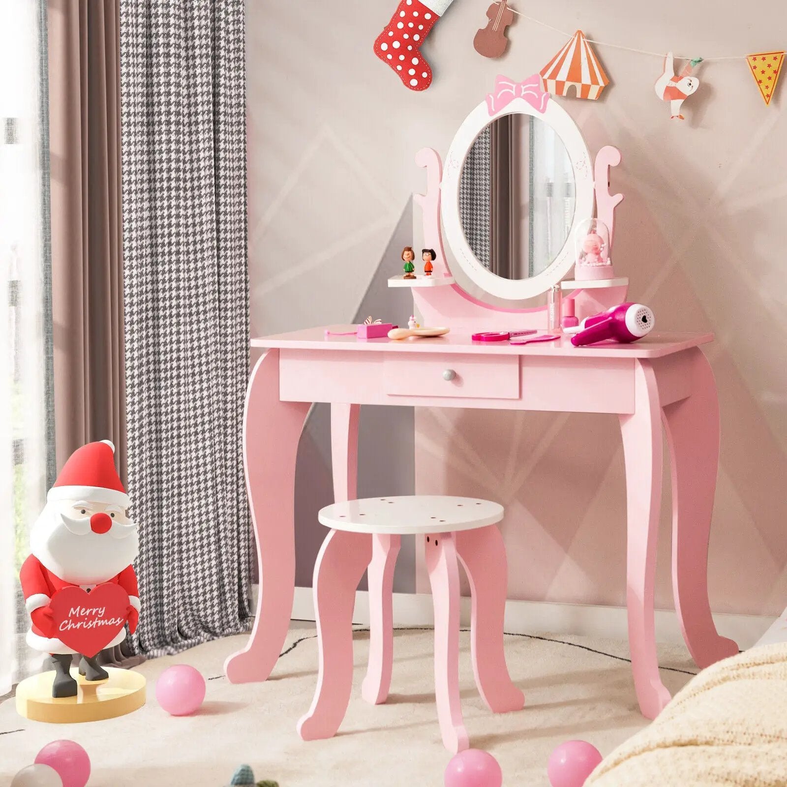 Kid Vanity Table Stool Set with Oval Rotatable Mirror-Pink by DirectDeals