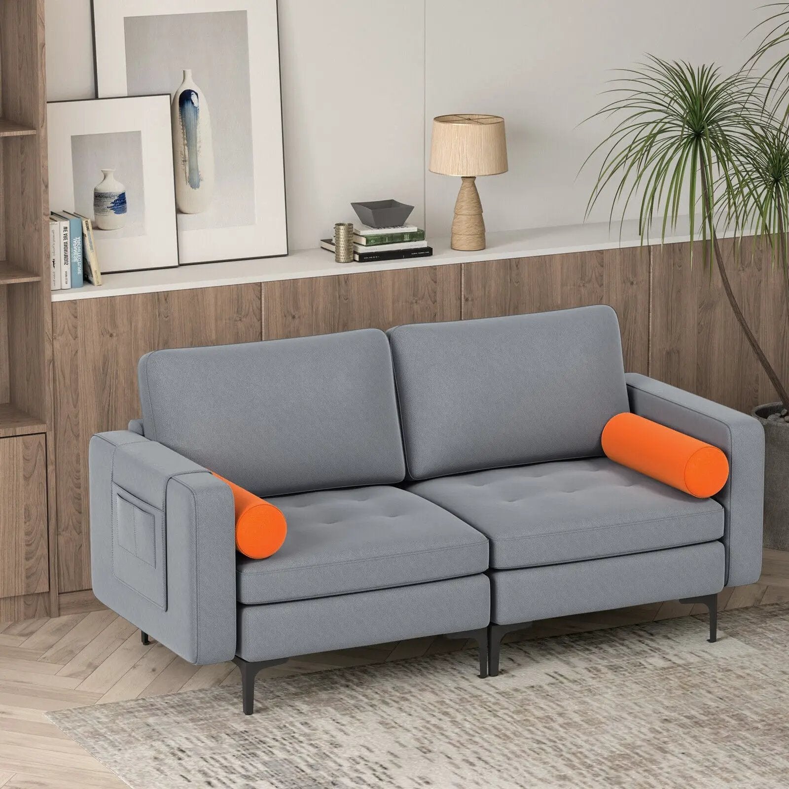Modern Loveseat Sofa with 2 Bolsters and Side Storage Pocket-Gray by DirectDeals