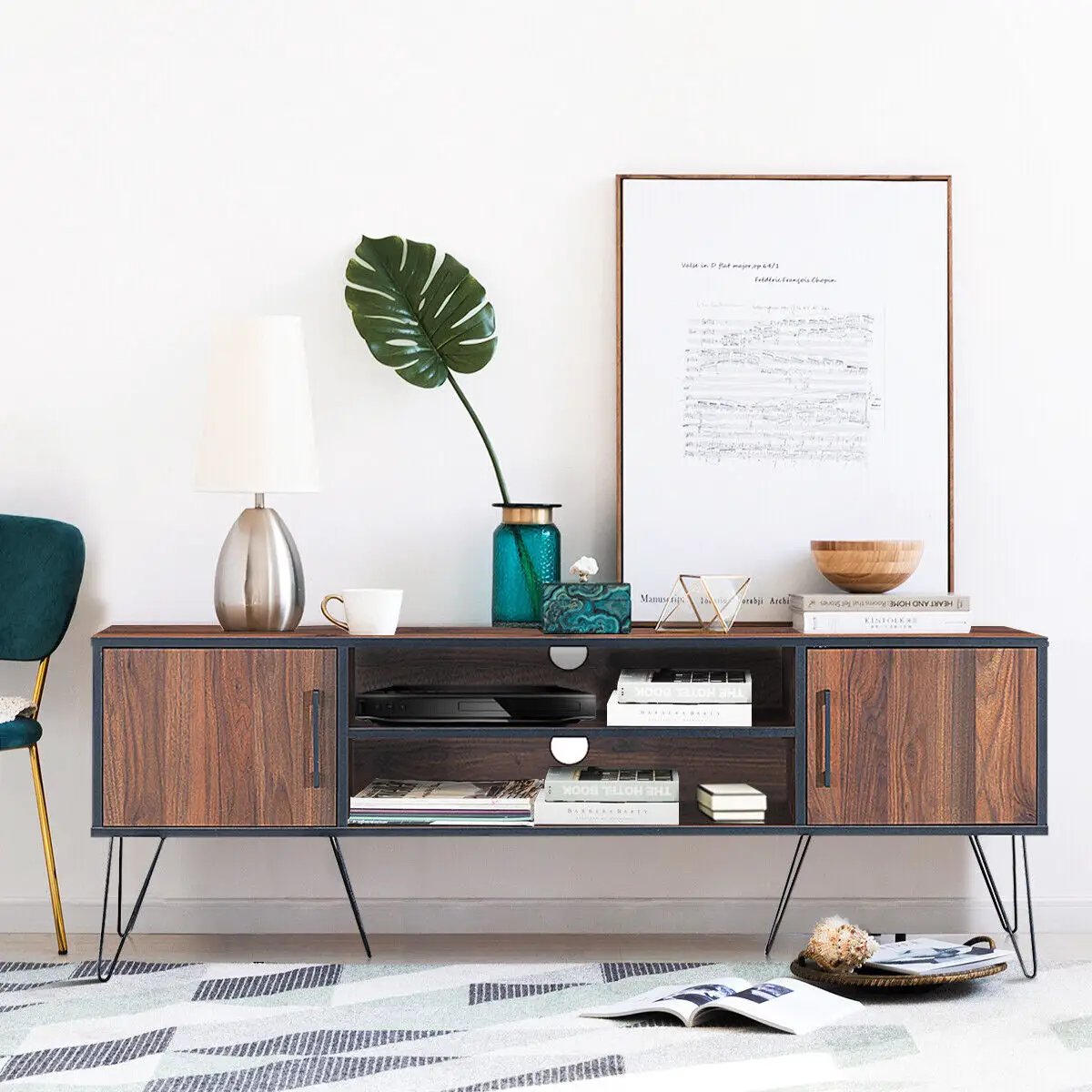 Retro Modern TV Stand with 6 Metal Legs for TVs up to 65 Inch with 2 Cable Holes by DirectDeals