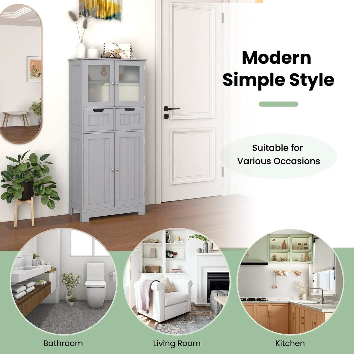 3 Tier Freee-Standing Bathroom Cabinet with 2 Drawers and Glass Doors by DirectDeals