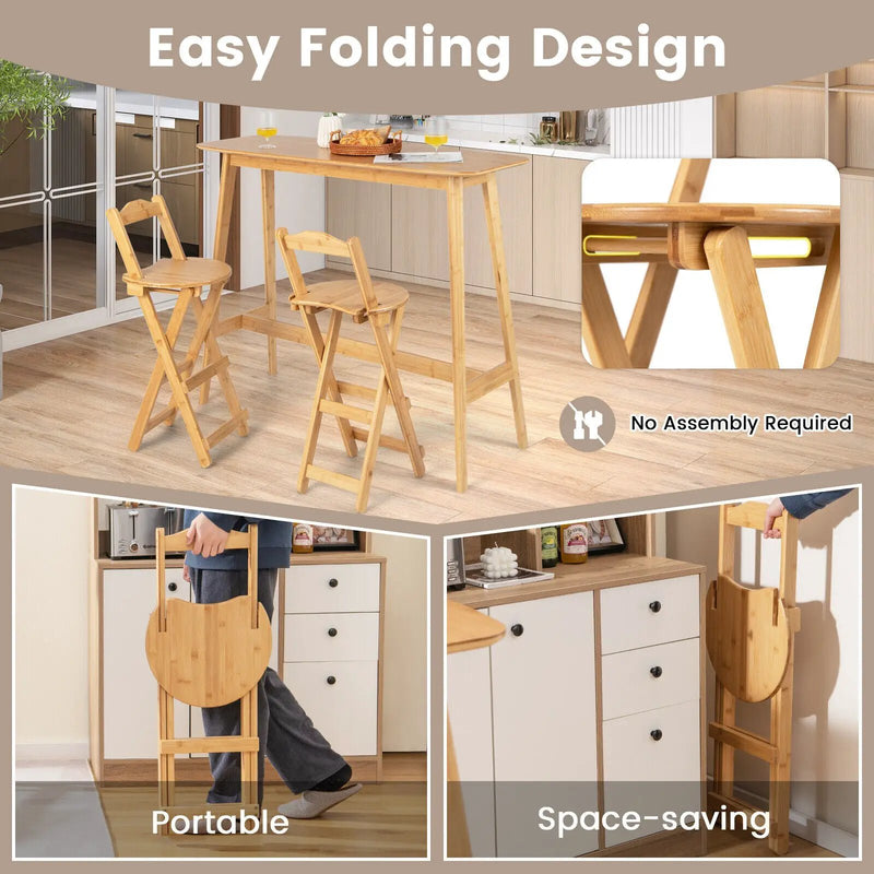 24 Inch Set of 2 Bamboo Folding Barstools with Footrests and Handles-Natural by DirectDeals