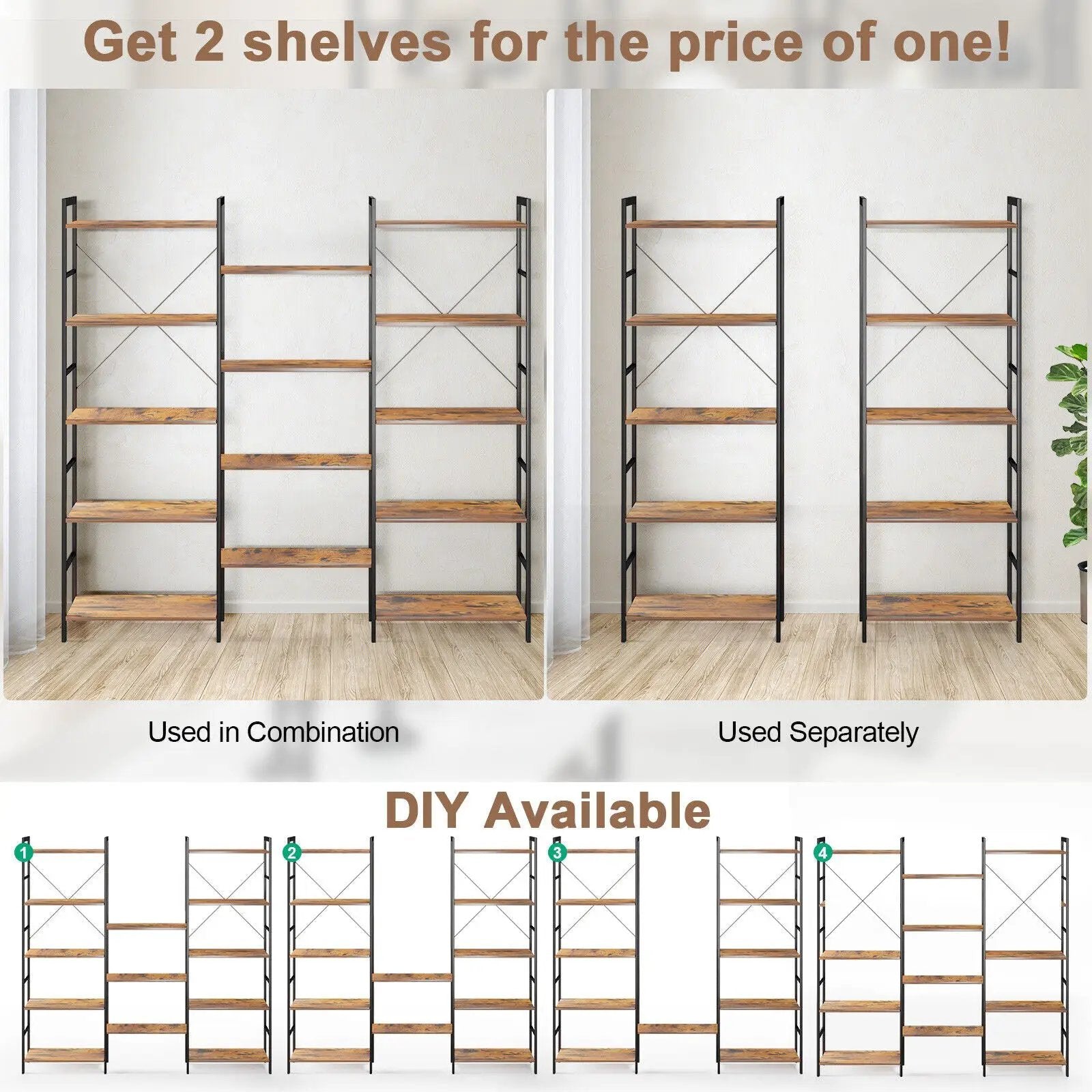 Large Triple Wide Floor Standing Bookcase Display Shelf with Metal Frame-Rustic Brown by DirectDeals