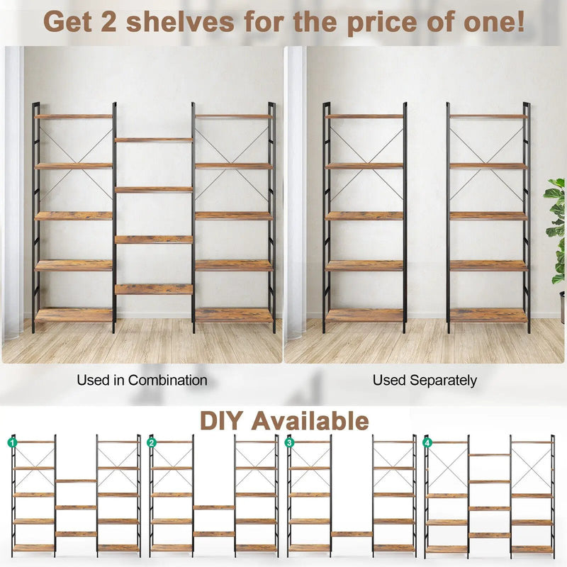 Large Triple Wide Floor Standing Bookcase Display Shelf with Metal Frame-Rustic Brown by DirectDeals