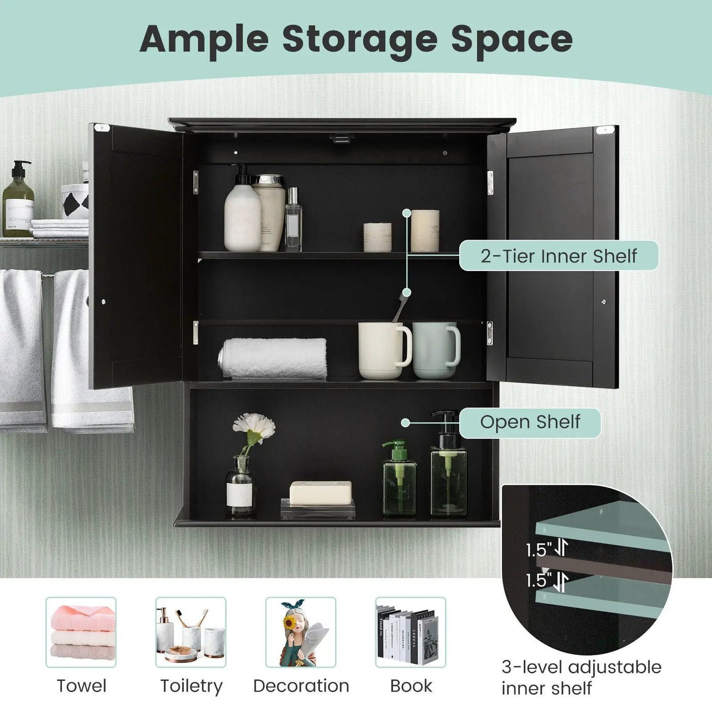 2-Door Wall Mount Bathroom Storage Cabinet with Open Shelf by DirectDeals