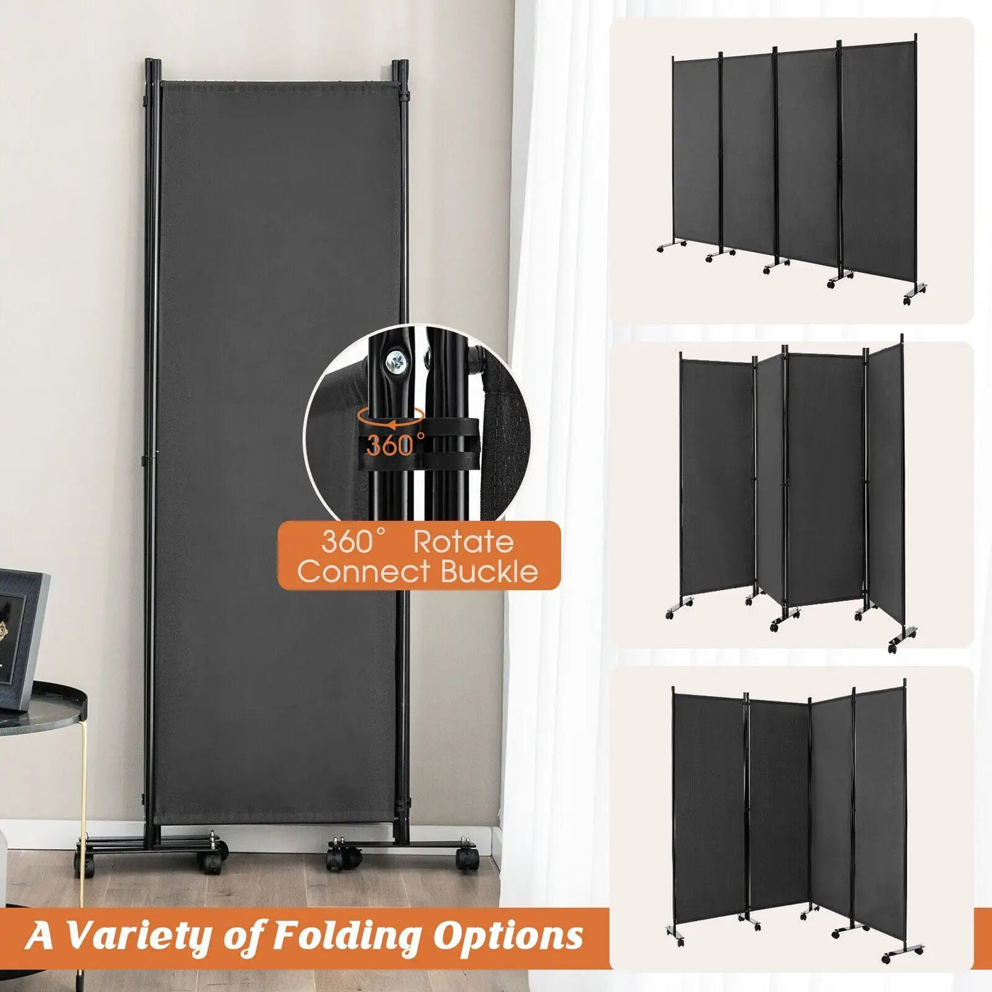 4-Panel Folding Room Divider 6 Feet Rolling Privacy Screen with Lockable Wheels by DirectDeals