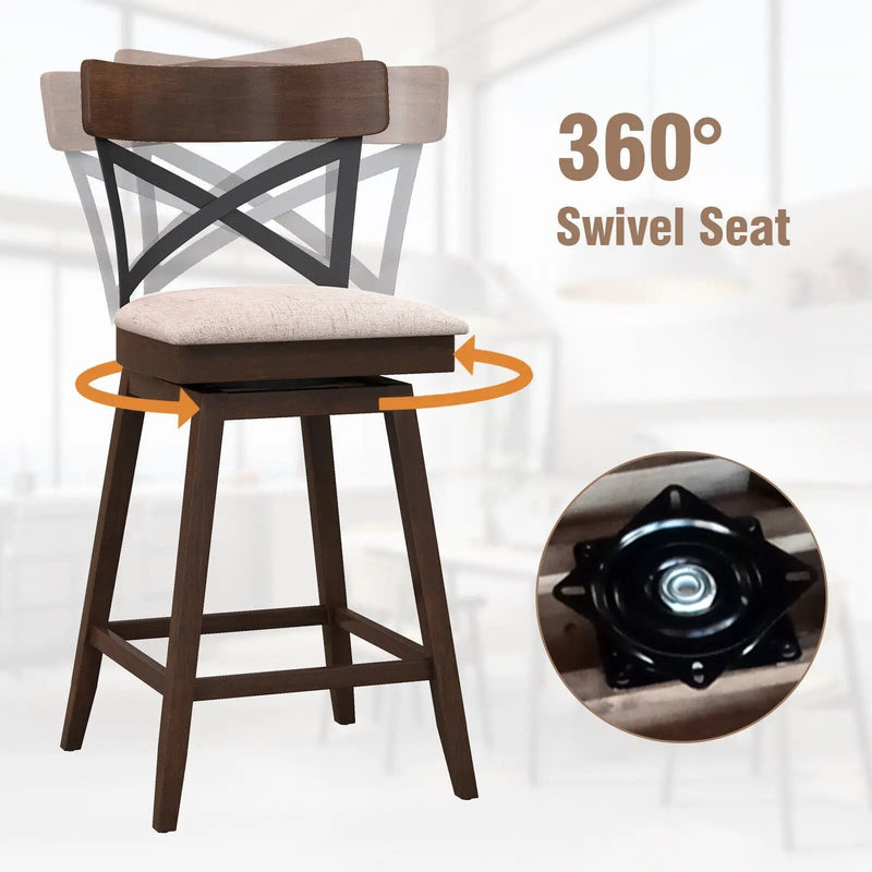 Set of 2 Wooden Swivel Bar Stools with Cushioned Seat and Open X Back by DirectDeals